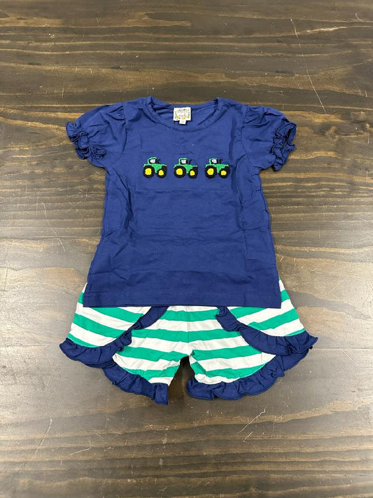 French Knot Tractor Trio Girl Short Set