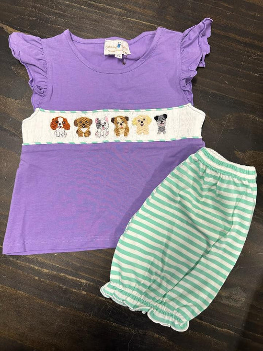 Smocked Spring Puppy Girl Short set