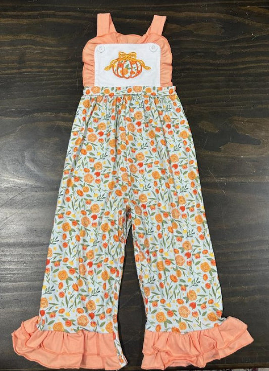 Orange Floral Pumpkin Girl Overalls