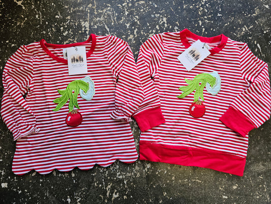 Grinch Striped Ornament Applique Shirt