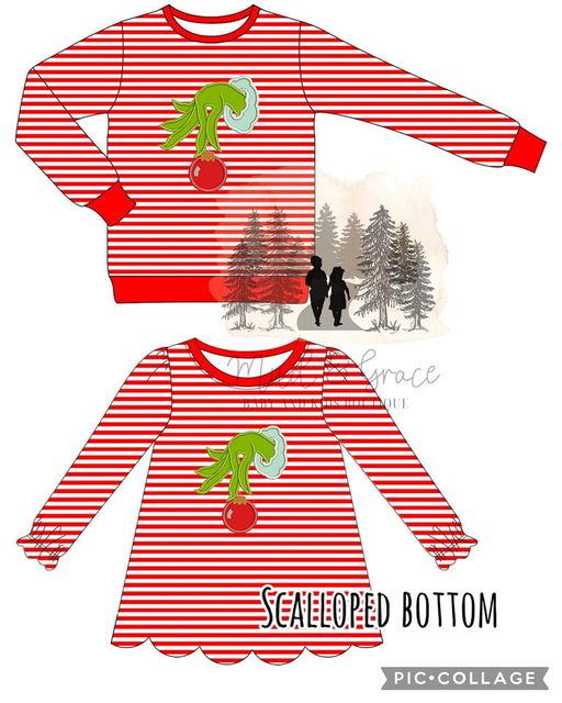 Grinch Striped Ornament Applique Shirt