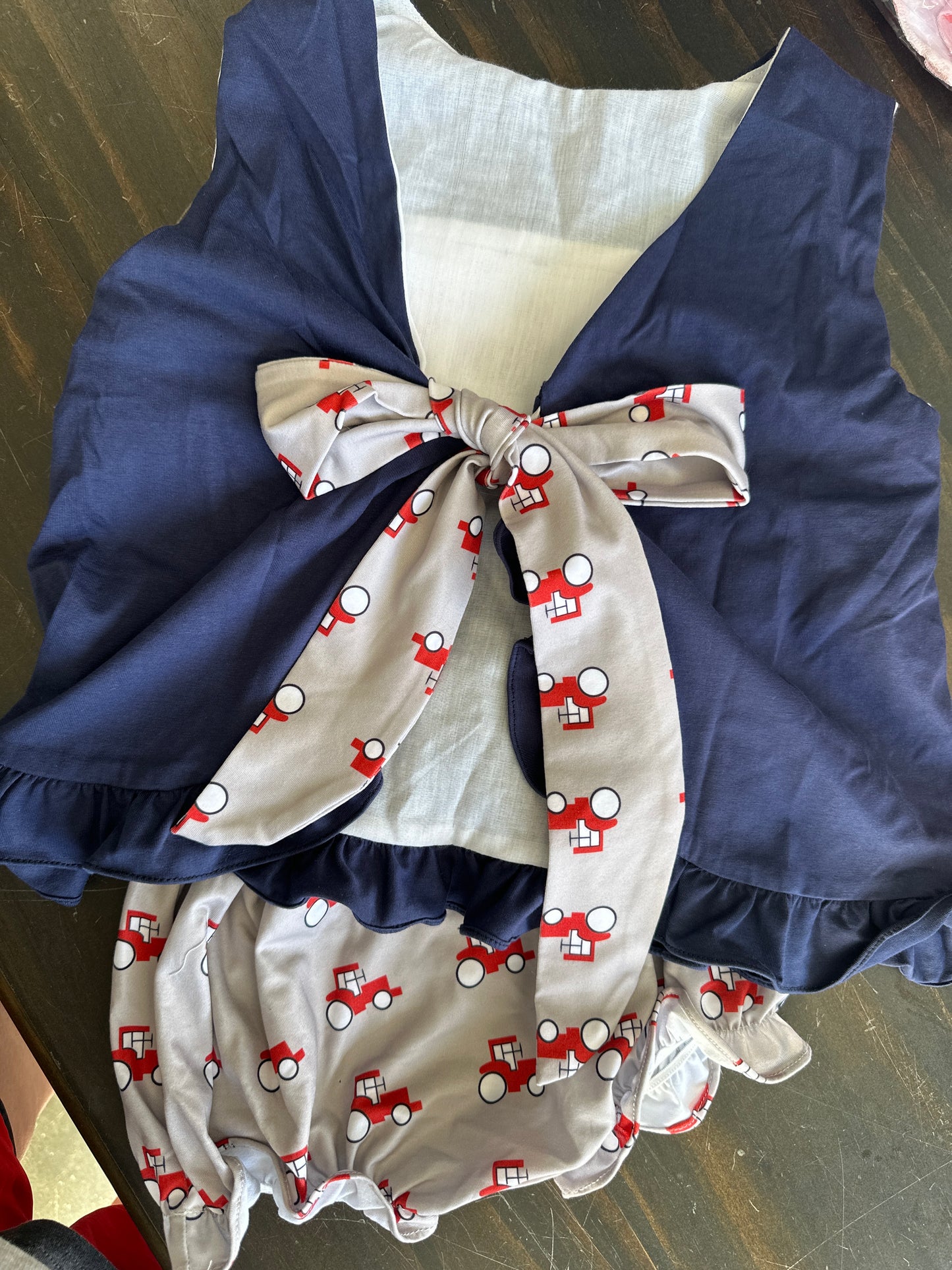 Smocked Tractor trio Gril Bloomer set