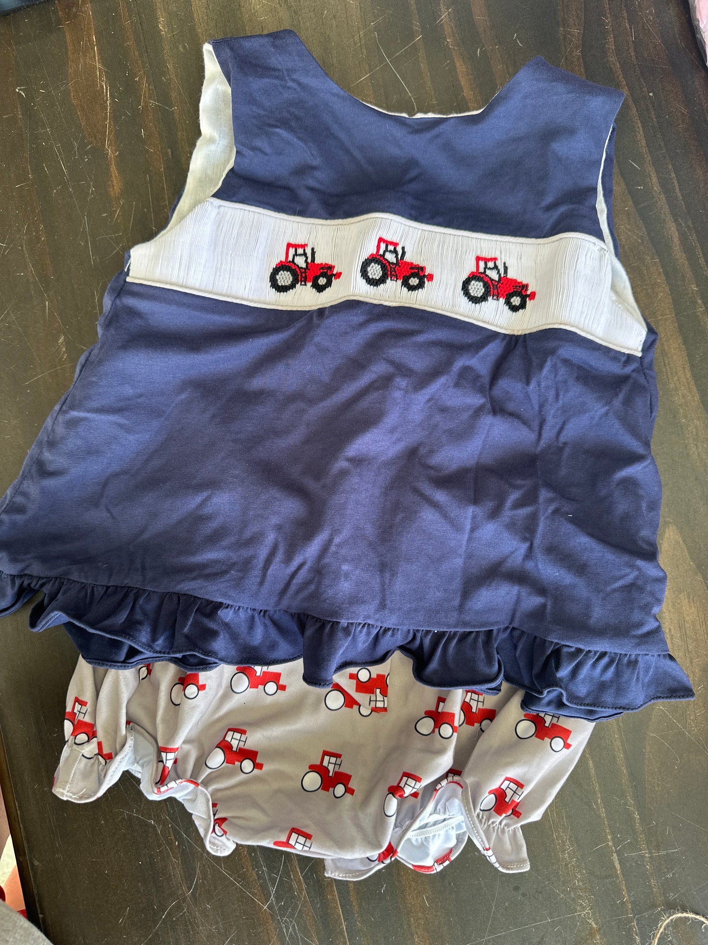 Smocked Tractor trio Gril Bloomer set
