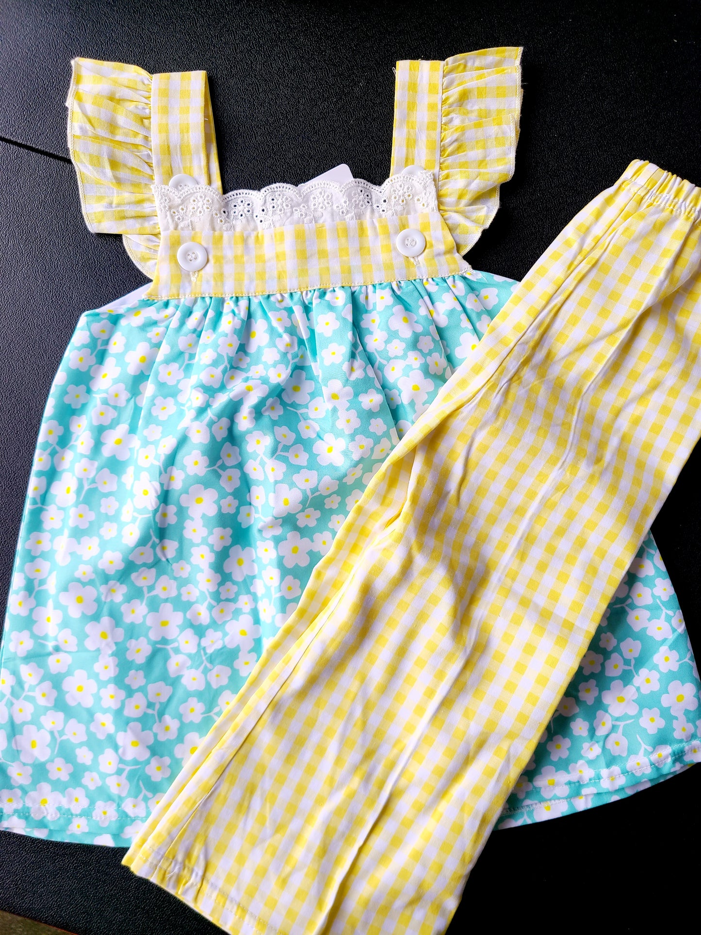 Yellow & Mint Daisy pant set 2t