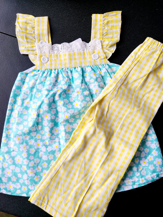 Yellow & Mint Daisy pant set 2t