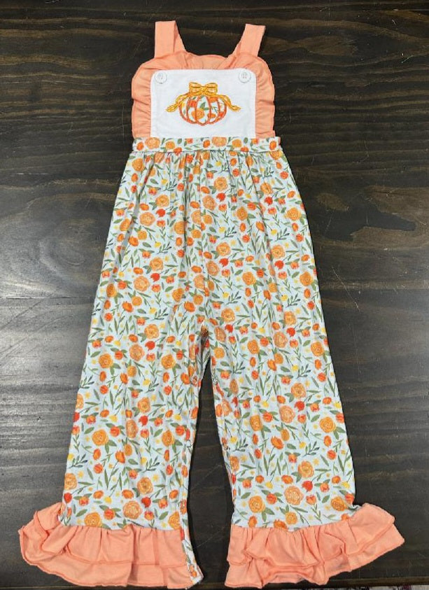 Orange Floral Pumpkin Girl Overalls
