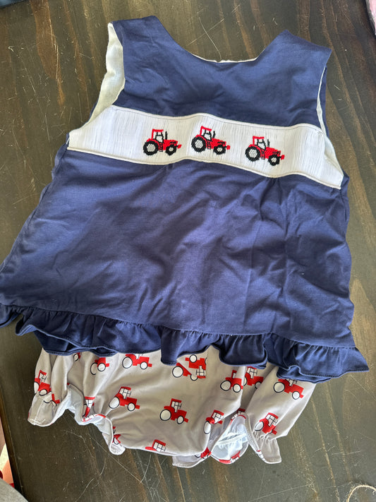 Smocked Tractor trio Gril Bloomer set